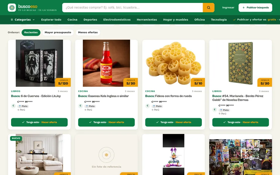 Listado de búsquedas en buscoeso.com, cada una con lo que ofrece el comprador