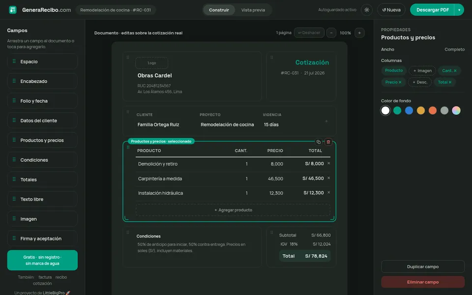 El mismo editor de GeneraRecibo.com en tema oscuro