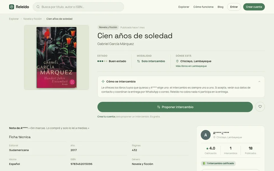 Ficha de un libro en releido.com con su estado, ubicación y el botón para proponer un intercambio